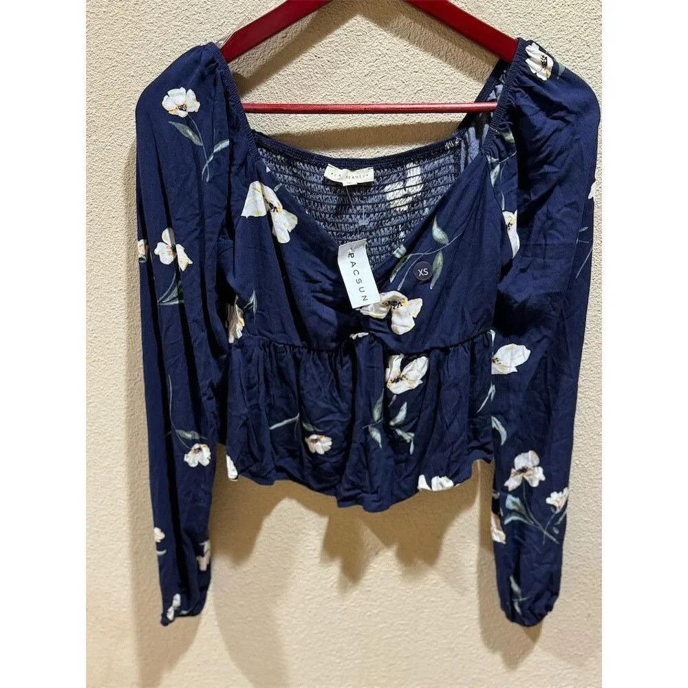 LA Hearts by PacSun Women's Floral Blouse Navy Blue XS Long Puff Sleeve V-Neck - Picture 2 of 6